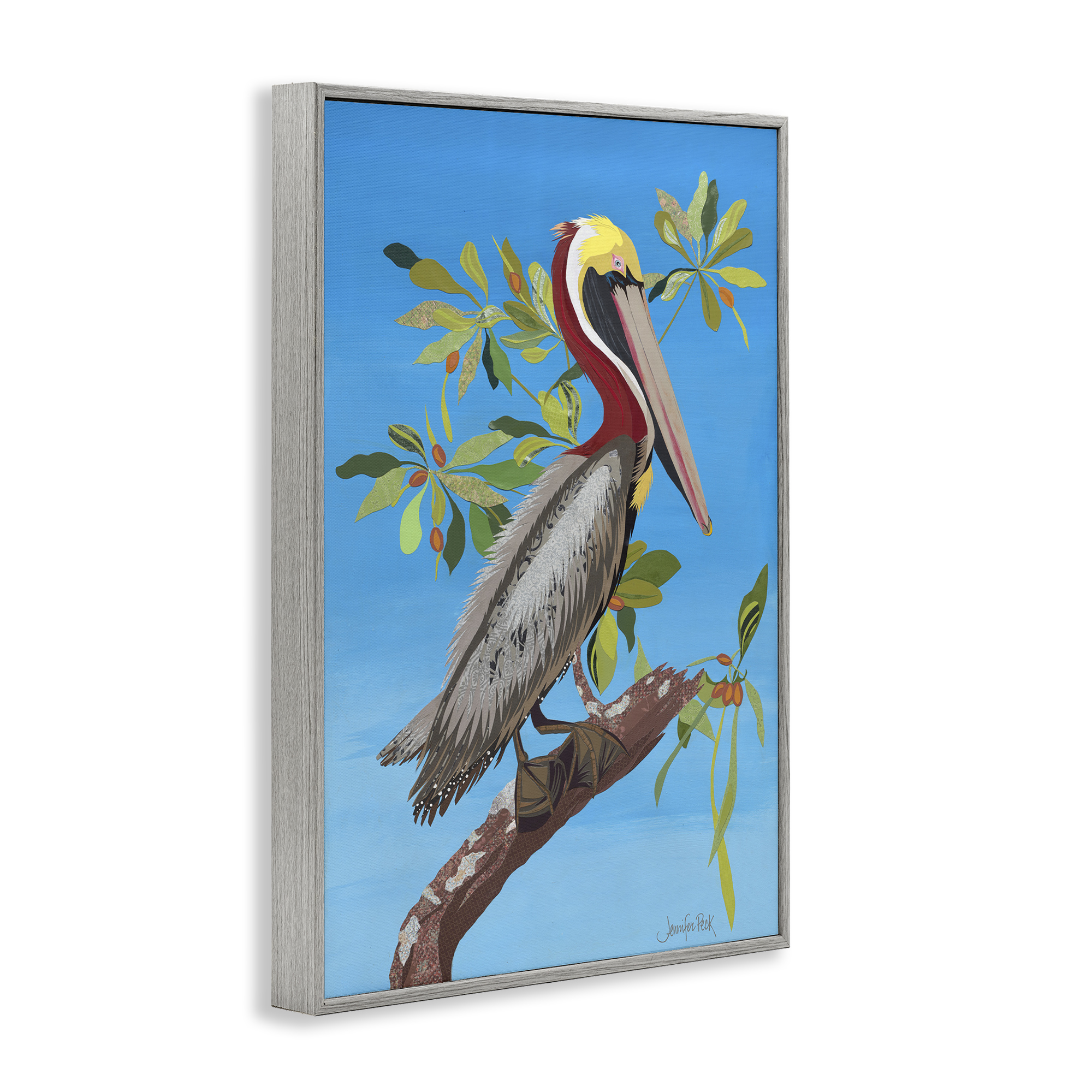 Stupell Industries Brown Pelican on Tree Animals & Insects Painting Gray Framed Art Print Wall Art, 16 x 24