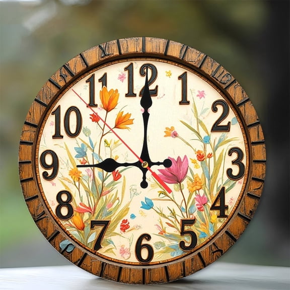 Vintage Floral Wall Clock Wooden Frame 10-Inch Silent Wooden Wall Clock, Battery Operated (AA Batteries Not Included), Artistic Home Decor