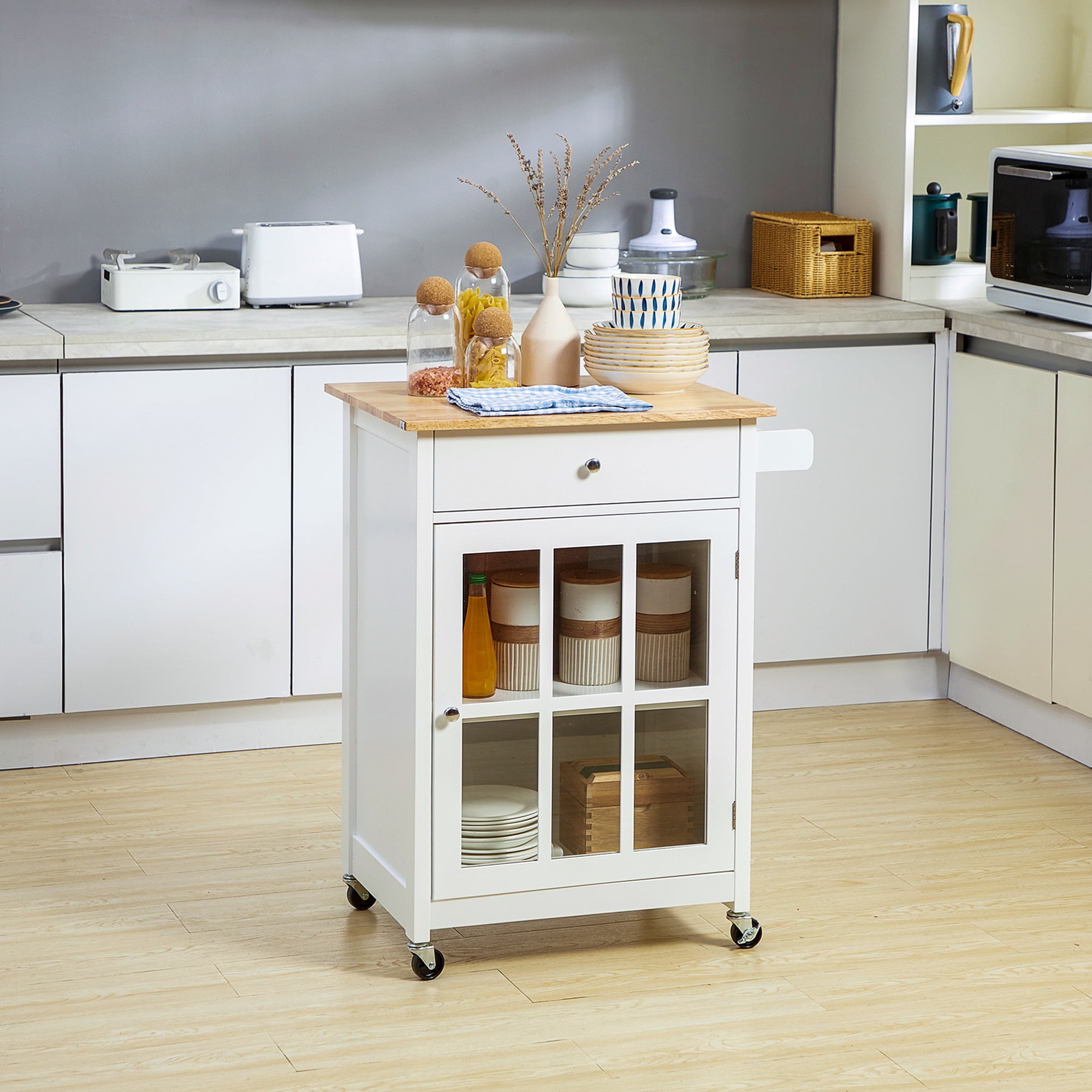 Knubmt Wood Top Kitchen Island with Drawer and Glass Door Cabinet, Rolling Kitchen Cart with Shelf and Towel Rack, White