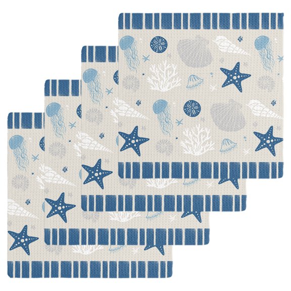Blue Coastal Kitchen Dish Towels for Drying Dishes Set of 4, Vintage Ocean Nautical Starfish Coral Striped Waffle Weave Microfiber Hand Tea Bathroom Towels Quick Dry & Absorbent Towel 12x12