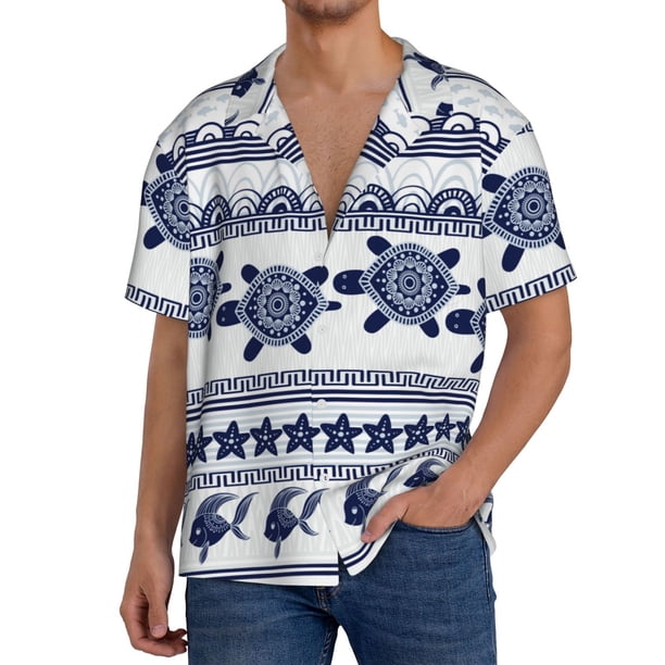 Balery Sea Underwater Turtles Camisa Casual de Manga Corta con Botones para Hombre, Texturizada, Estilo Cubano, para Playa, Verano-Large