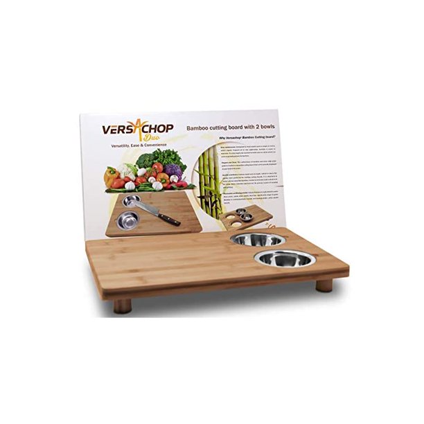 Versachop Duo Large 18 Inch X 12 Inch Cutting Boards For Kitchen Totally Natural Organic Moso Bamboo Cutting Board With Two Integrated Stainless Steel Bowls Attached For Organization And Storage Walmart Com
