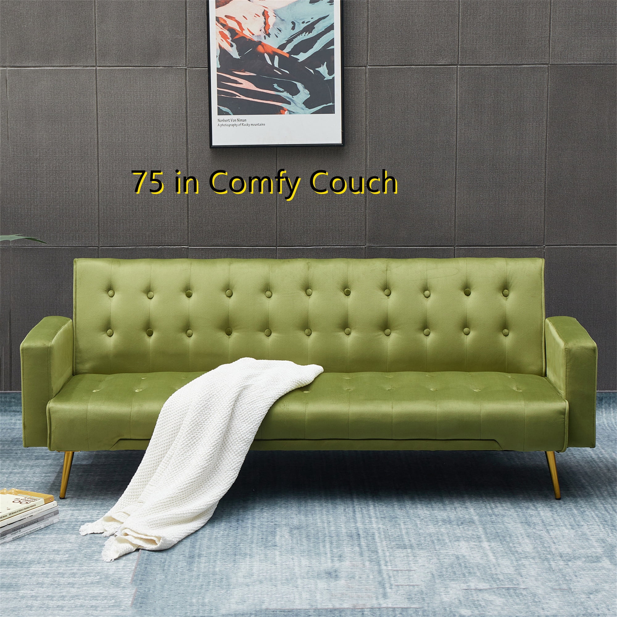 Aukfa 76" Velvet Futon Convertible Sofa Bed, 3 Seat Tufted Couch for Home Office, Army Green