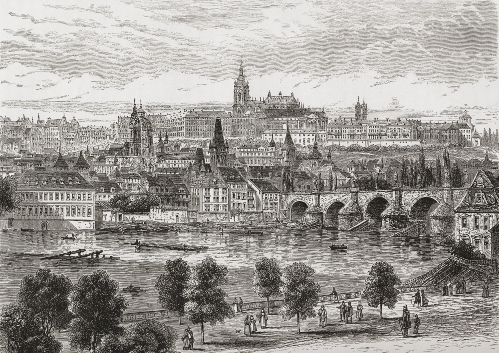 An Aerial View Of Prague Czech Republic In The 19Th Century From