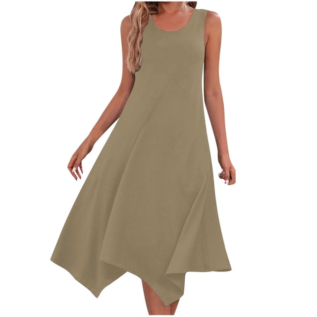 UPPADA Robe Maxi Débardeur à Ourlet en Pointe pour Femme, Été, Coupe Ample, Sans Manches, Col Rond, Robe d'Été Décontractée à Volants, Ligne A, Boho, Robes à Moins de 15 Dollars pour Femme, Kaki, P