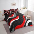 thumbnail image 3 of Manfei Black Red Gray Stripes Bedding Comforter Set 7 Pieces, Contemporary Abstract Queen Bedding Sets, Wave Lines Queen Sheet Sets, Breathable Home Decor, 3 of 8