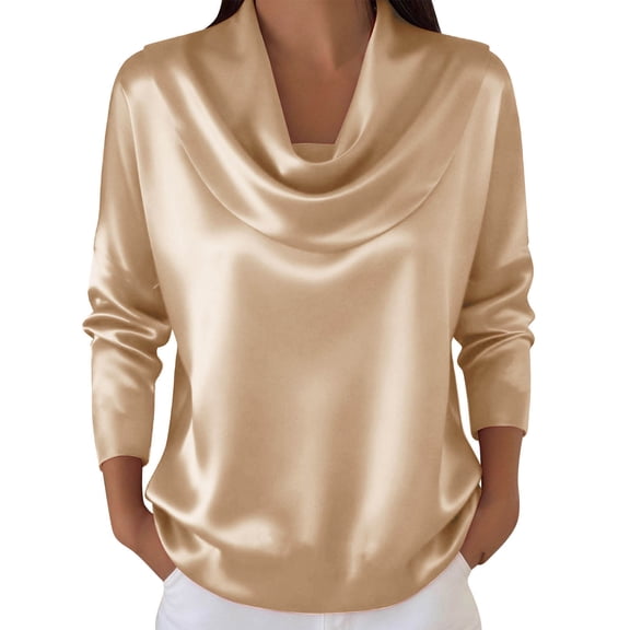 Enjoytime Tops for Women Trendy Solid Color Swinging Collar Pleated Satin Blouse Dressy Business Casual Long Sleeve Shirts Beige XL