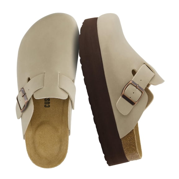 Cushionaire Loom Platform Clogs for Women | Stylish Vegan Leather Closed Toe Clogs with Adjustable Buckle and Memory Foam Cork Footbed | Classic Platform Mule Design for Everyday Indoor-Outdoor Wear