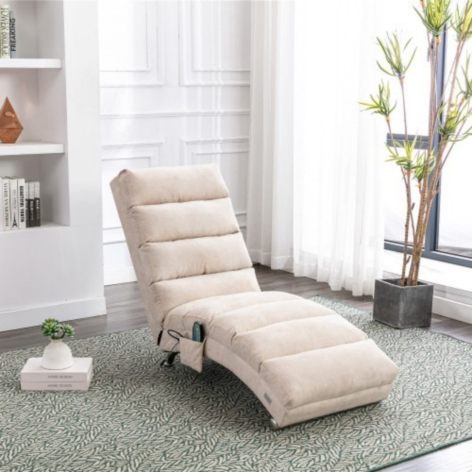 Upholstered Chaise Lounge Chair with Vibration, Modern Fabric Leisure Recliner with Ergonomic Fixed Back, Side Pocket & Lumbar Pillow, 300 lbs Capacity, Beige