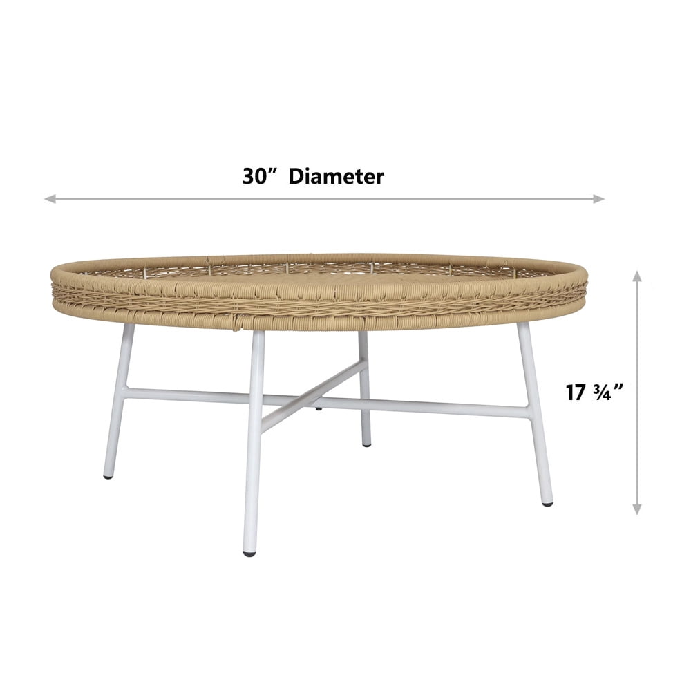Abble Diameter 29.9 in. x H 17.7 in. Outdoor & Indoor Use Natural Color Wicker Round End Table with Matte White Metal Legs