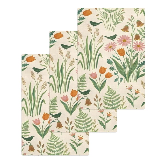 Spring Botanical Kitchen Dish Towels for Drying Dishes Set of 3, Country Farmhouse Wildflower Watercolor Waffle Weave Microfiber Hand Tea Bathroom Towels Quick Dry & Absorbent Towel 15.7x23.6