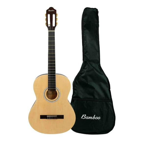 BAMBOO, Guitarra Clasica Acustica Estudio Natural con Funda, 39 pulgadas, madera Linden. Cuerdas de