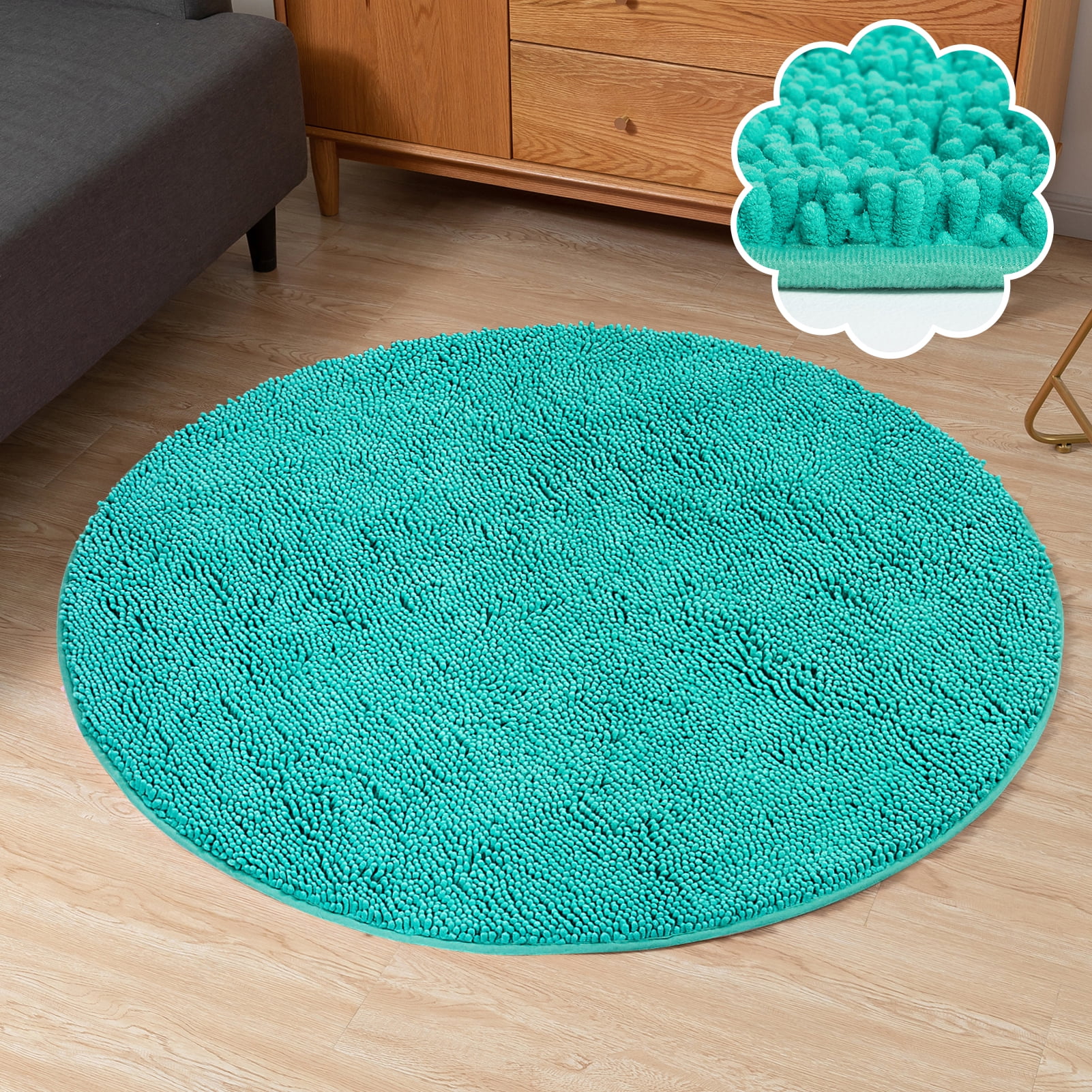 Round Rug, Circle Chenille Rug for Living Room, Round Area Rug with Non