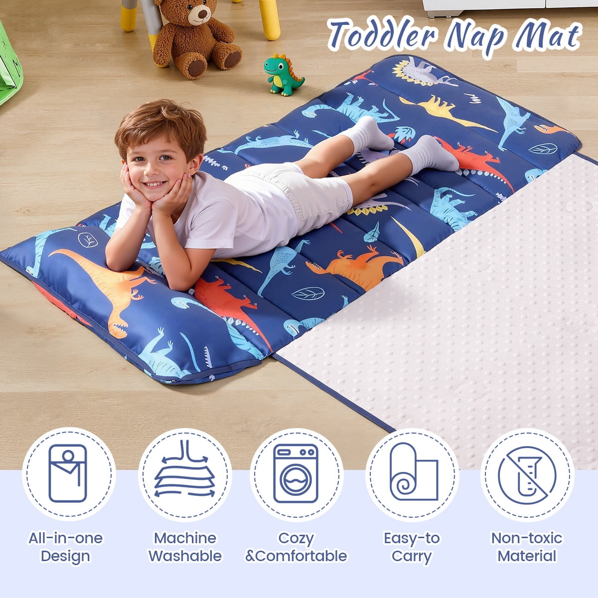 Toddler Nap Mat, Caveen Sleeping Bag with Blanket and Removable Pillow, Portable Slumber Bags for Daycare and Travel, Easy to Roll, 55"x22", Blue