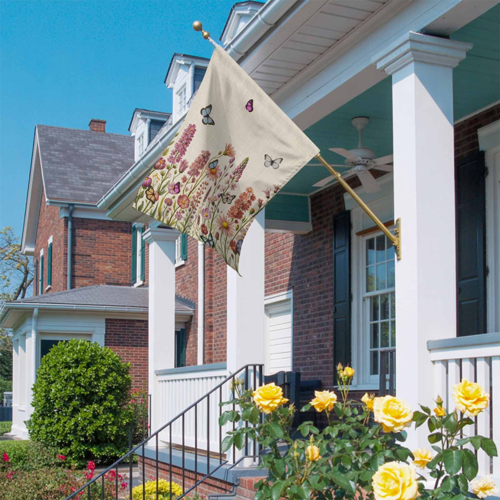 Beige Floral House Flag 28 x 40 Inches, Spring Lavender Wildflowers Blue Butterfly Botanical Linen Texture Weather Proof Outdoor Patio Flags Double Sided Small House Decor for Yard Lawn Outside Home