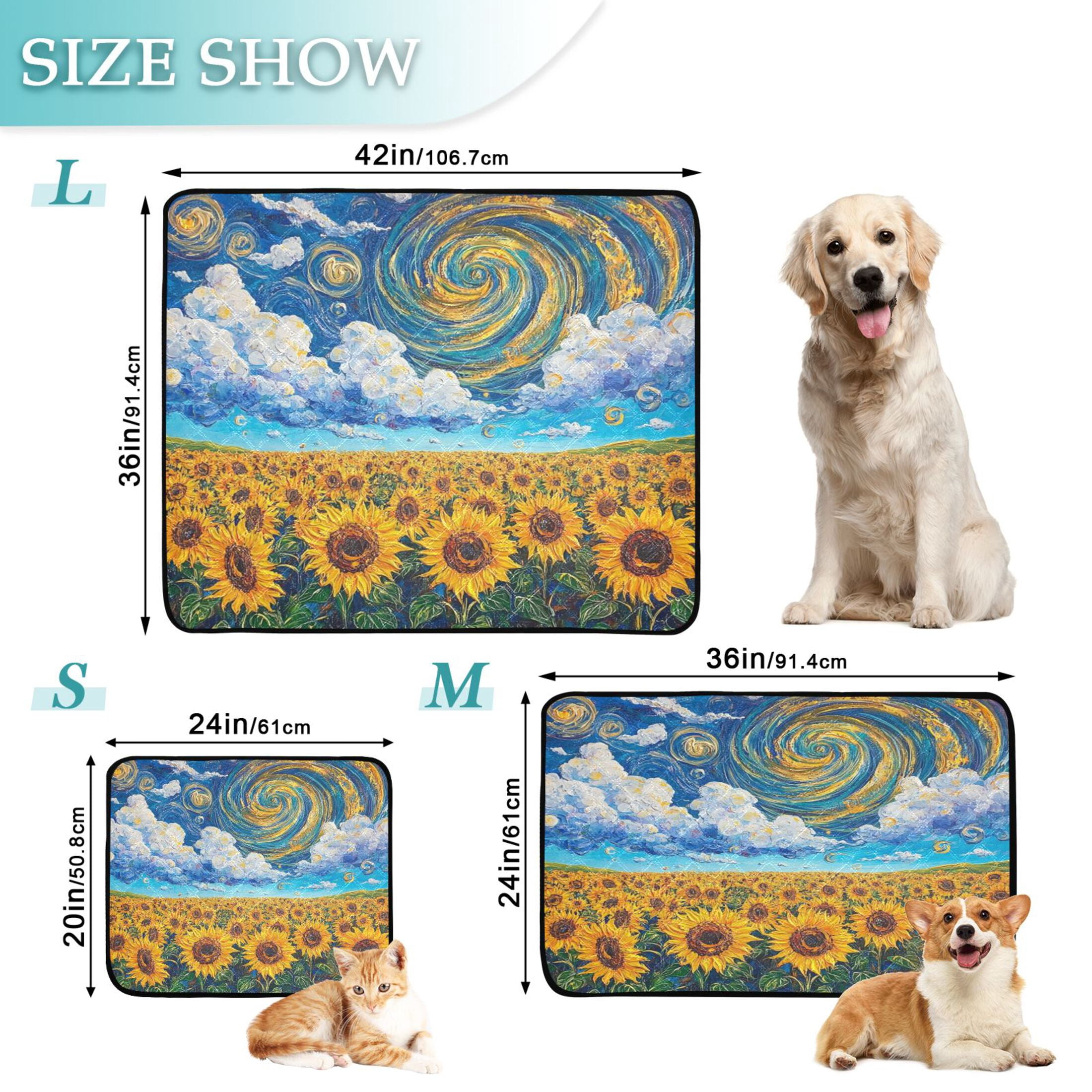 Qxltty Sunflower with Swirling Clouds Cat litter Pads Pet Set of 3 Diaper Mats Center Anti-leakage Layer Absorbent Soft and Comfortable