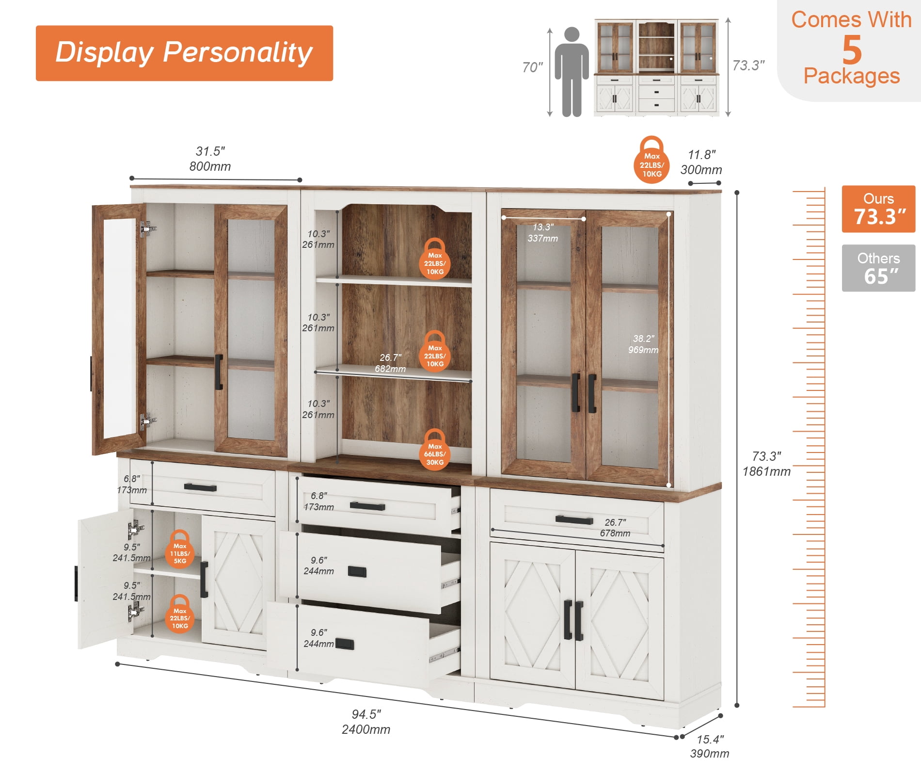 WAMPAT Modern Farmhosue 3-Column BookShelf Set,5 Tier Book Shelf with Open Storage and Glass Doors,73"H Tall Wood Bookcase with Storage Cabinet and Drawers for Study,Bedroom,Living Room,White and Oak