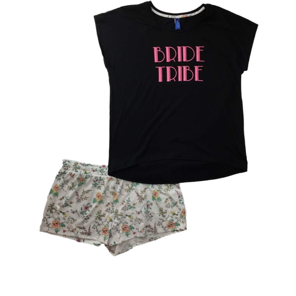 Womens Black & Pink Bride Tribe Floral Shorts Pajamas Flower Pant Sleep Set