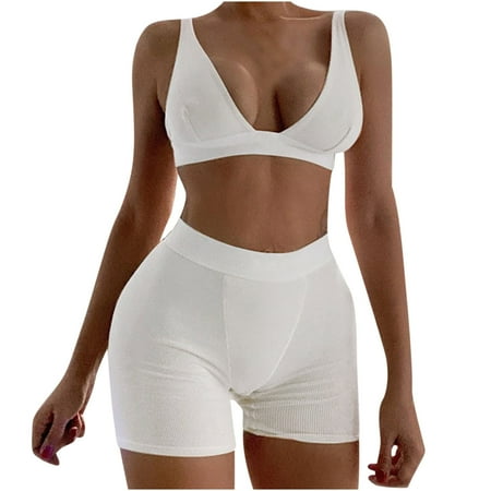 

Dadaria 2 Piece Outfits for Women Shorts Set Boho 2 Piece Outfits Solid Sleeveless Vest Tops + Shorts V Neck Sets Yoga Pants White XL Female