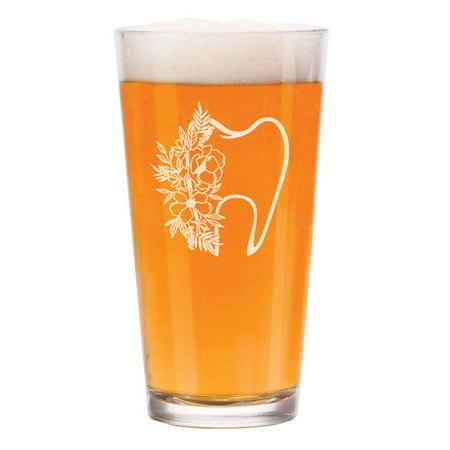 

16 oz Beer Pint Glass Floral Tooth Dentist Orthodontist Dental School Student Grad Hygienist Assistant Gift