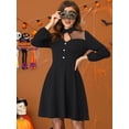 thumbnail image 2 of Vestido a media pierna con decoración de botones y cuello de punto con panel de malla para mujer Negro S, 2 of 5