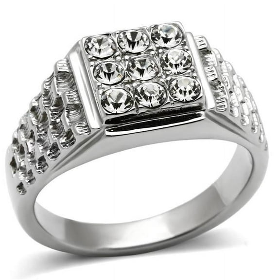 Men High Polished Stainless Steel Ring with Top Grade Crystal in Clear - Size 9
