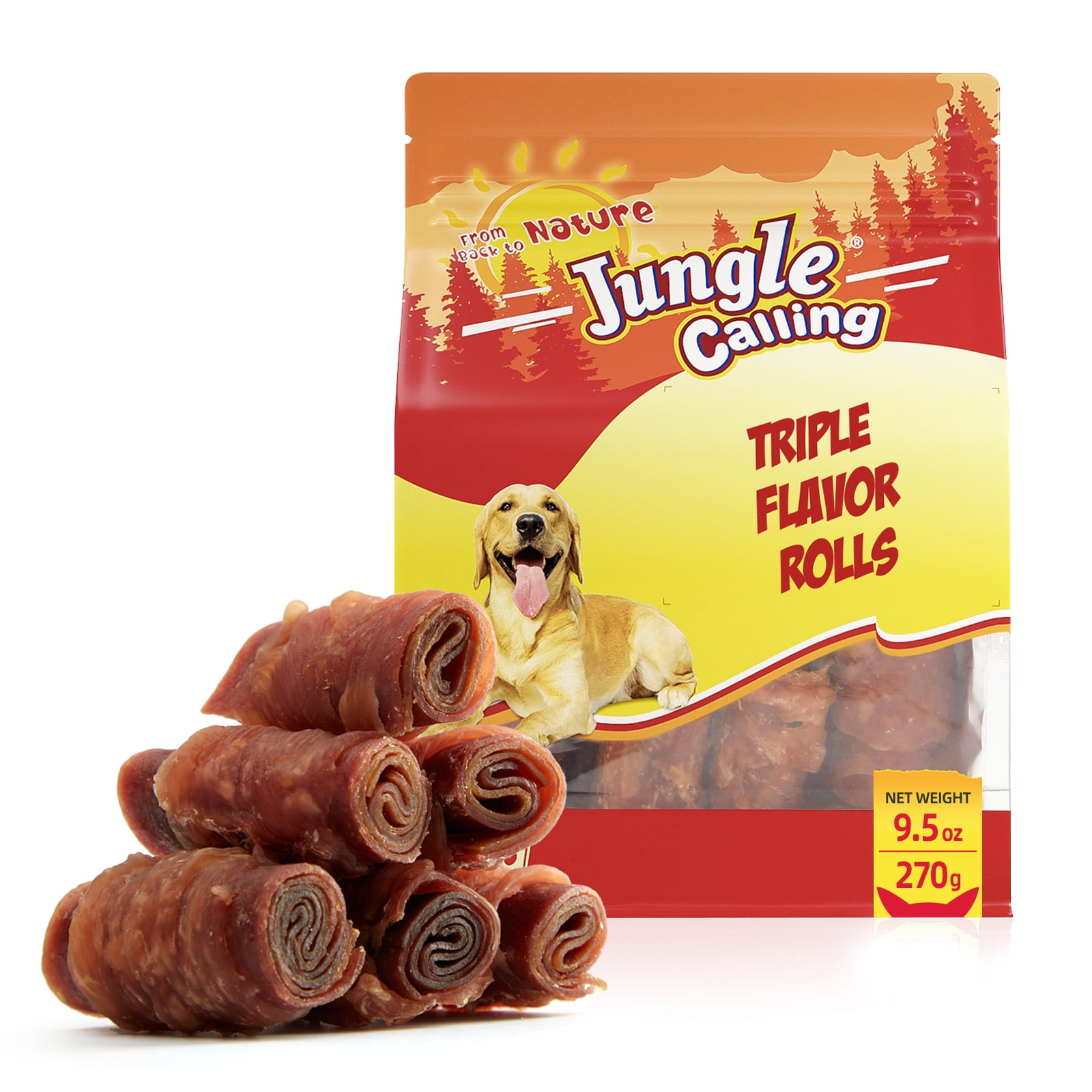 Jungle Calling Triple Flavor Rolls Dog Treats,Real Chicken Duck Beef Meat, Rawhide Free Dog Snacks, 9.5 OZ