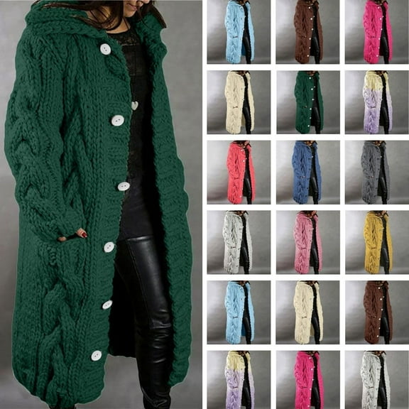 Cardigan for Women Zpanxa Hood Cardigan for Women, Plus Size Winter Warm Sweater Outwear, Single Breasted Long Sleeves Coat with Pocket Green L