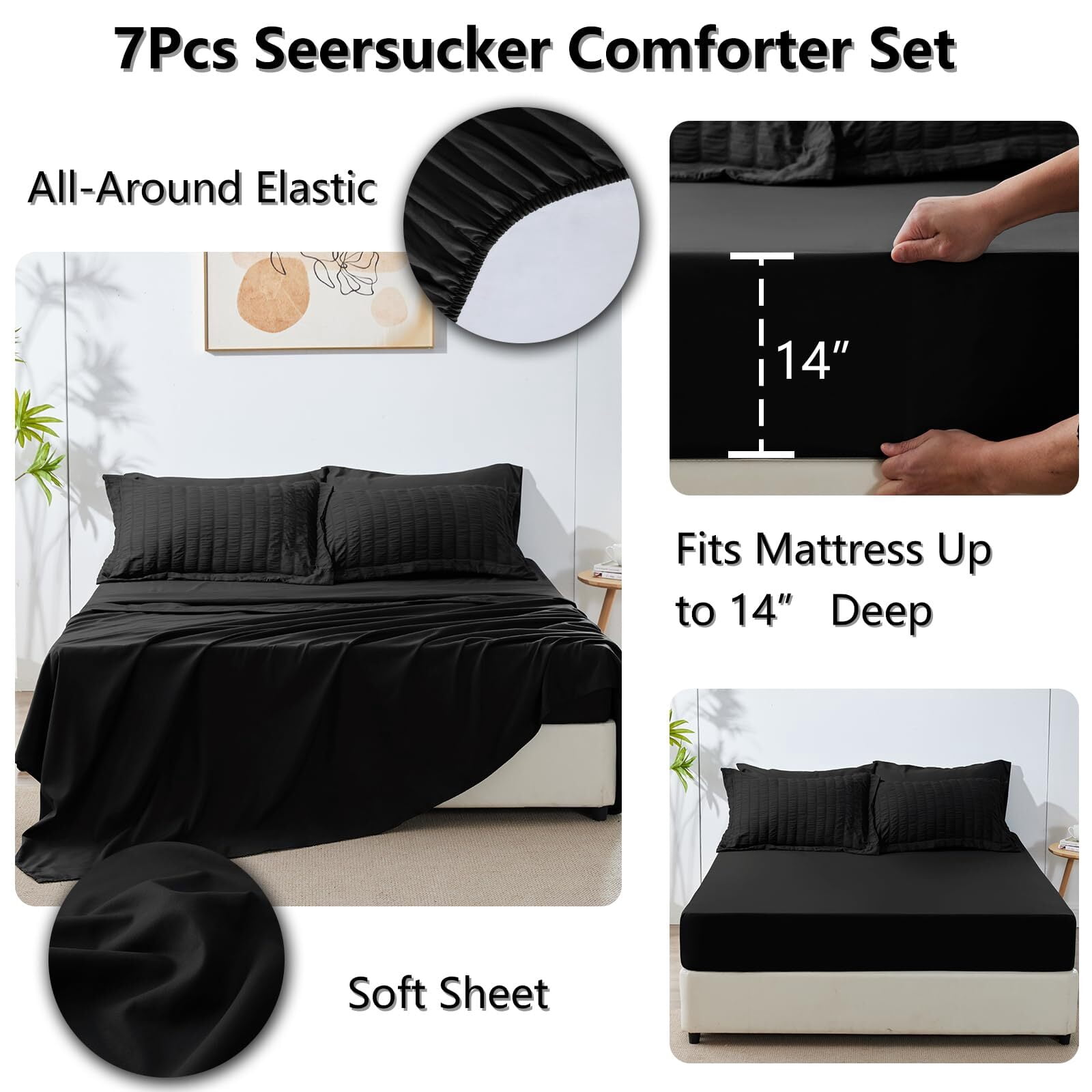 JUSTLET Queen Seersucker Comforter Set with Sheets Black Bed in a Bag 7-Pieces All Season Bedding Sets with Comforter, Pillow Sham, Flat Sheet, Fitted Sheet, Pillowcase