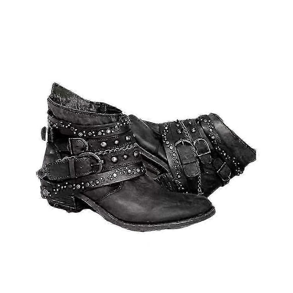 Women Vintage Punk Low Heel Ankle Boots Winter Retro Studded Buckle Biker Booties Shoes