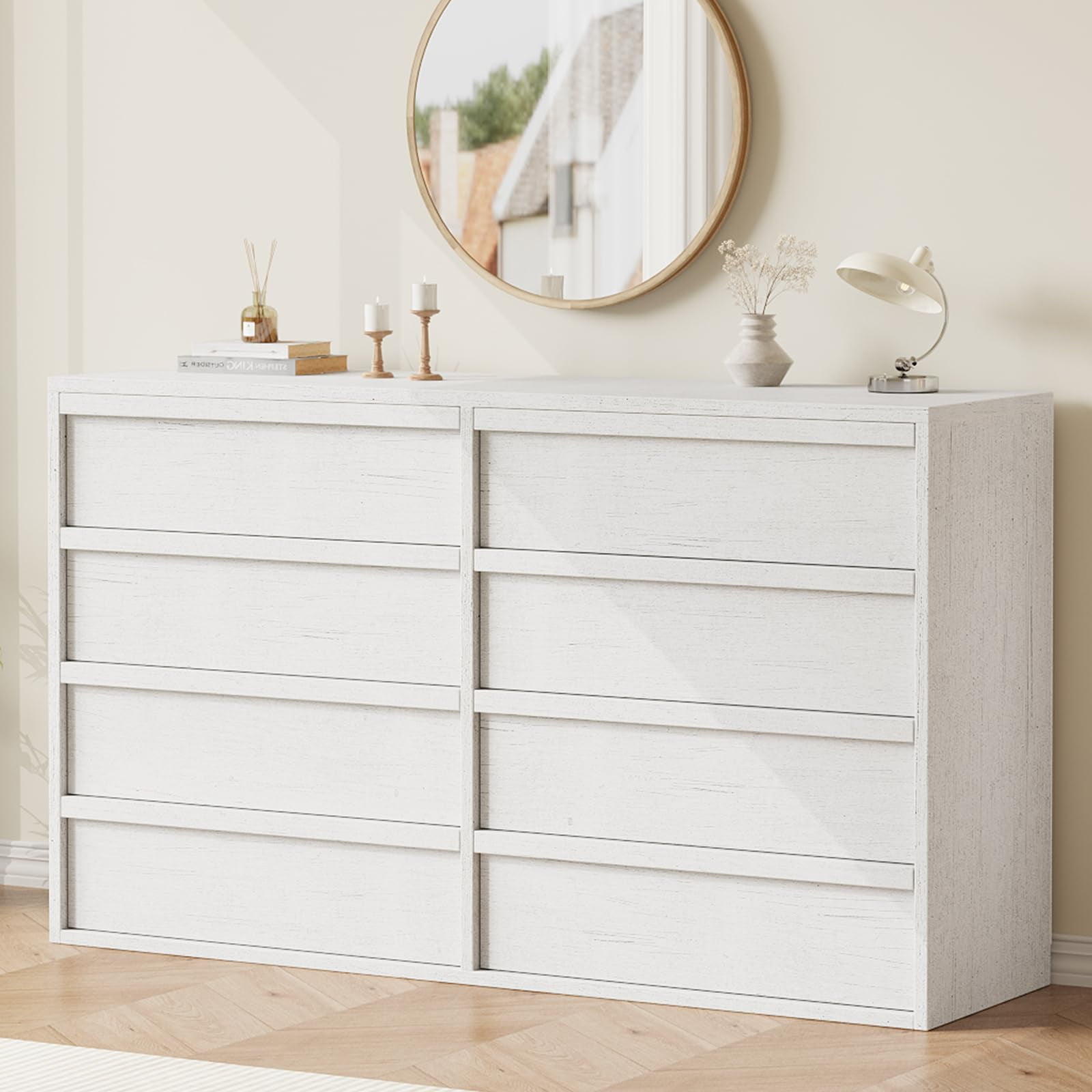 8 Drawer Dresser for Bedroom, 54" Wide Double Chest of Drawers with Large Storage, Modern Wood Dresser Organizer for Living Room, Nursery and Hallway, White
