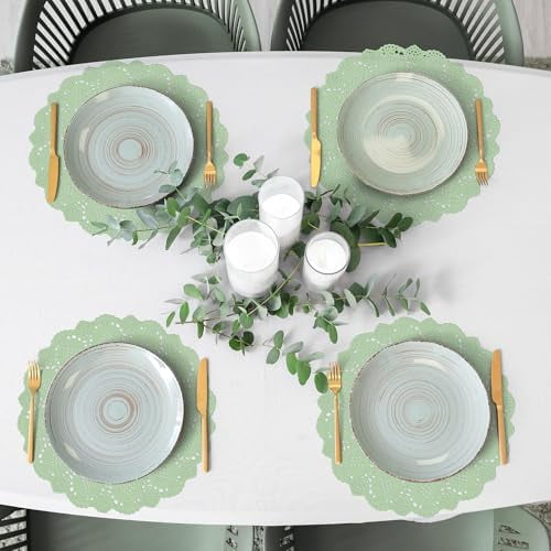 Sage Green 12-Inch Round Lace Paper Doilies, 150-Pack Disposable Decorative Placemats for Food, Cakes, Crafts, Parties, and Wedding Table Decorations
