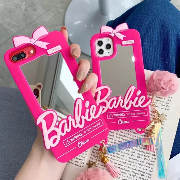 For iPhone 16 Pro Max/iPhone 16/iPhone 16 Pro/iPhone 16 Plus/15/14/13/12 Cute Cartoon Pink Case, Women Kids Fashion Mirror with Pendant Soft Silicone Shockproof Protective Phone Cover Gifts
