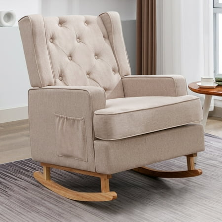 BALUS Modern Accent Rocking Chair, Upholstered Glider Rocking Chair with High Backrest, Comfy Chair with Decorative Buttons Design, Armchair with Side Pocket for Living Room Bedroom Beige