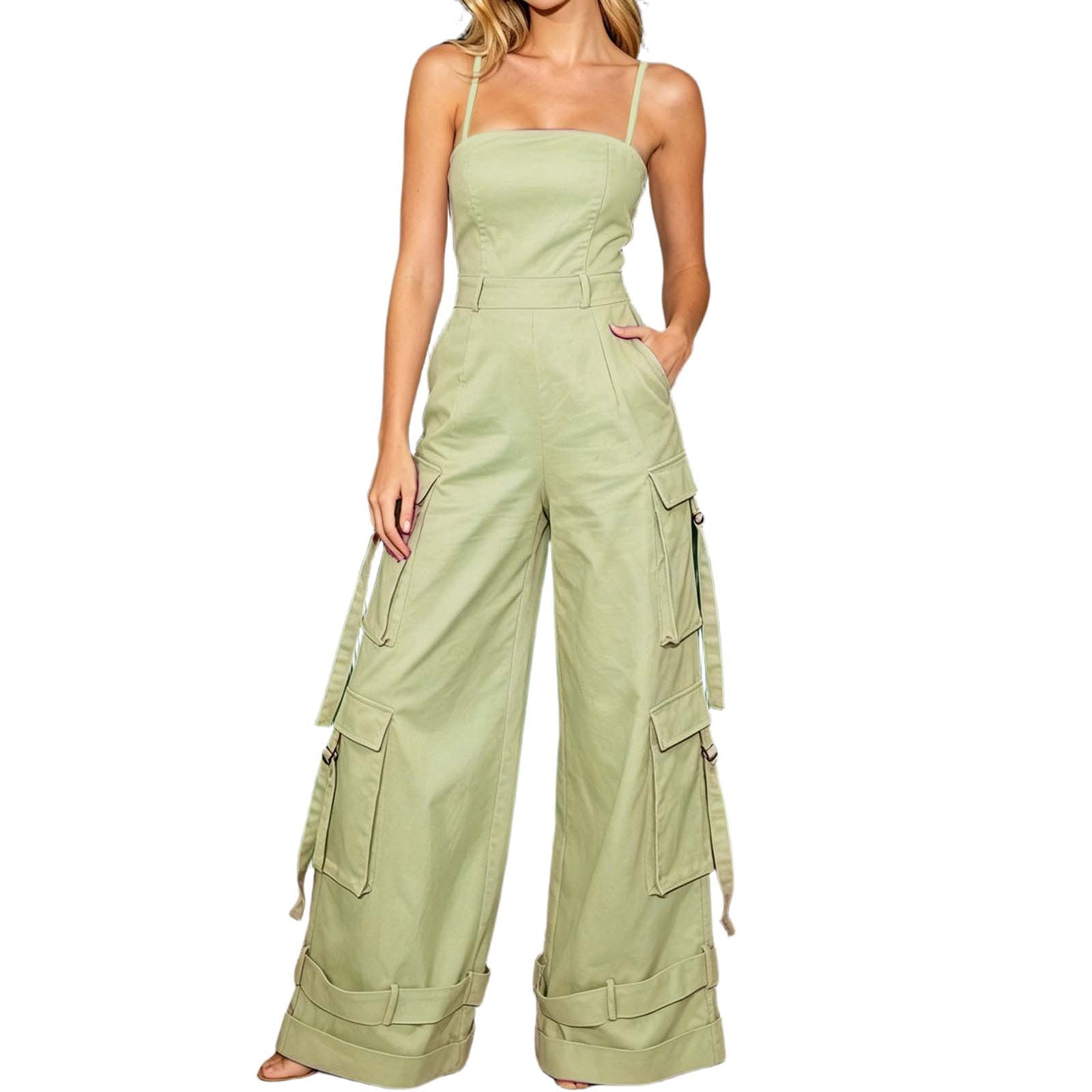 Summer Jumpsuit Women Strapless Wide Leg Romper Multiple Pockets Solid Color Beach Vacation Breezy Effortless