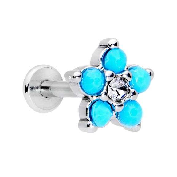 Body Candy 16G 5/8" 316L Steel Blue Clear Accent Flower End Labret Monroe Lip Ring Tragus 8mm Cartilage Stud