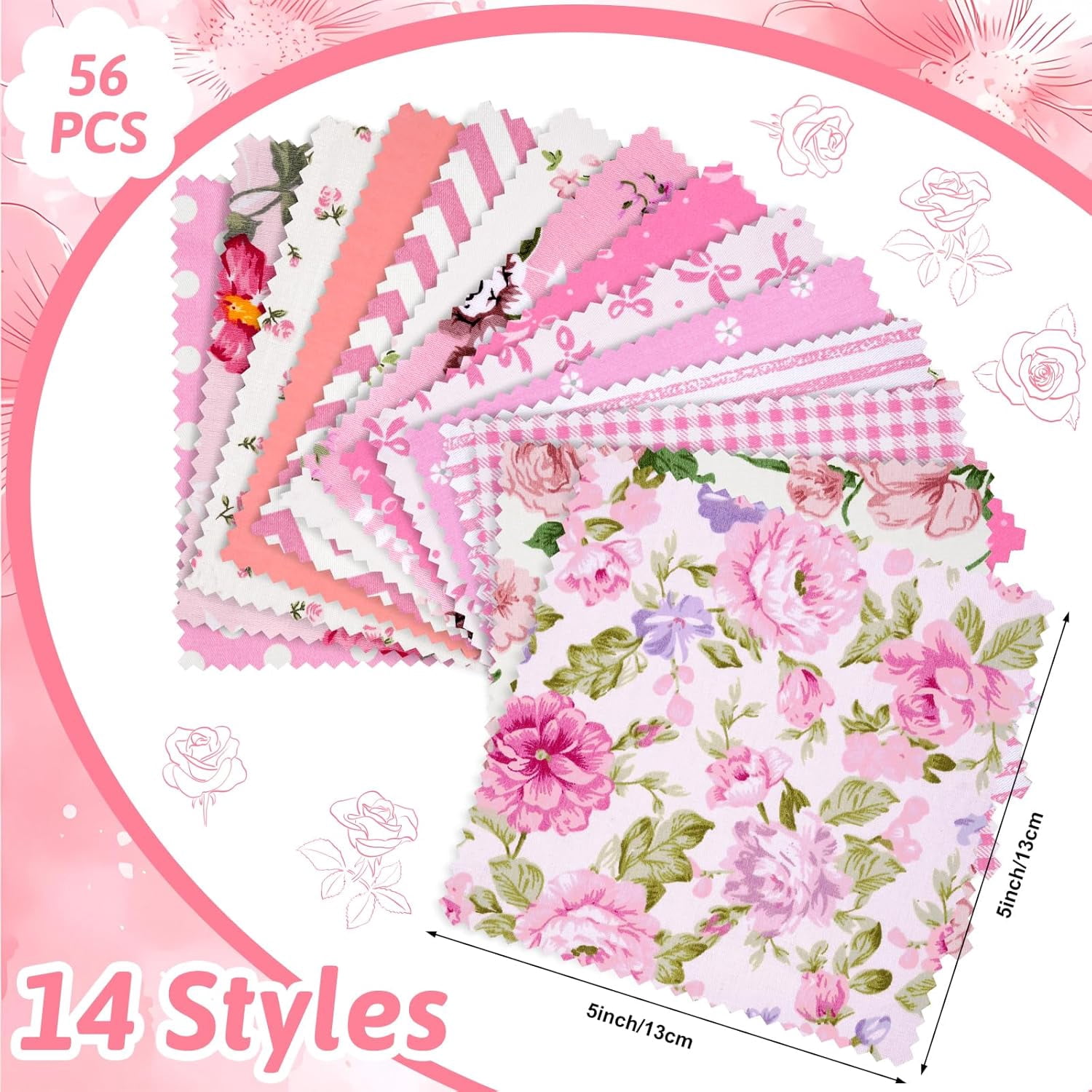 56 Pcs Pink Charm Packs for Quilting, 5 inch Squares Floral Precut Quilting Fabric, 100% Cotton Fabric Squares Quilt for Sewing Home Décor Scrapbooking Patchwork DIY Crafts – Pink