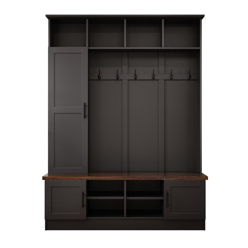 Farmhouse 3-in-1 Hall Tree with 6 Hooks, Versatile Storage Bench with Cabinets and Open Compartments, Entryway Coat Rack
