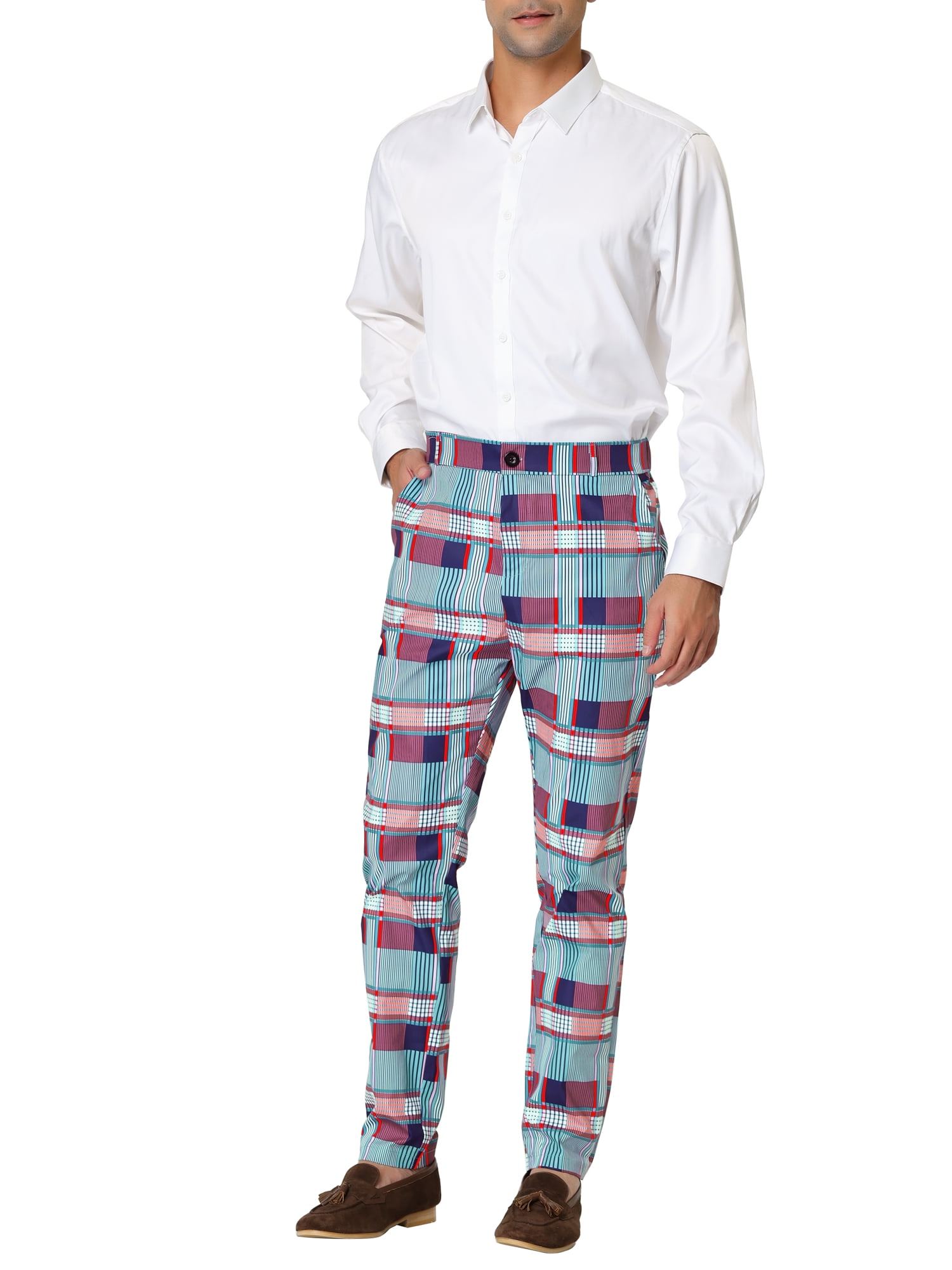 Unique Bargains Men's Plaid Printed Straight Leg Business Casual Checked Pants 34 Multicolor