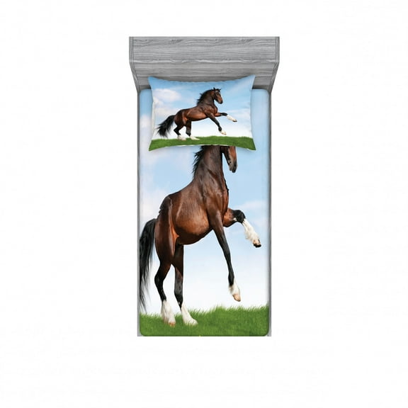 Ambesonne Nature Fitted Sheet & Pillow Sham Set, Horse Pacing on Grass, Twinxl, Blue Green Brown