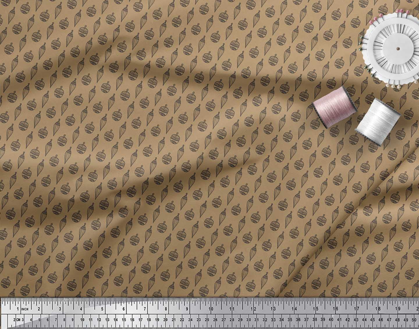 Soimoi Brown Silk Fabric Ornament Christmas Print Fabric by the Yard 42 Inch Wide