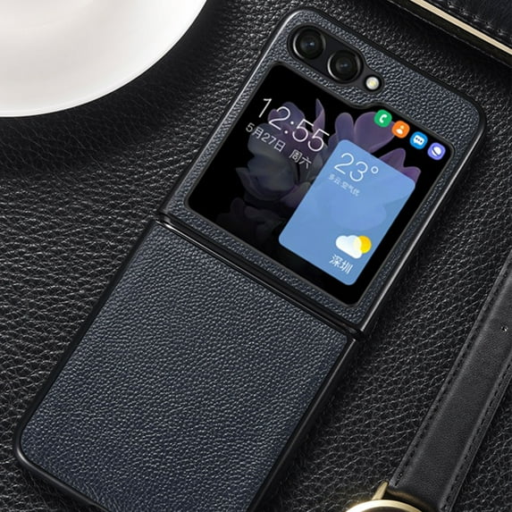 ELEHOLD for Samsung Galaxy Z Flip 5 Leather Case, Genuine Leather + Soft TPU Bumper Slim Shockproof Anti-Scratch Protective Phone Case design for Samsung Galaxy Z Flip 5 2023 - Darkblue