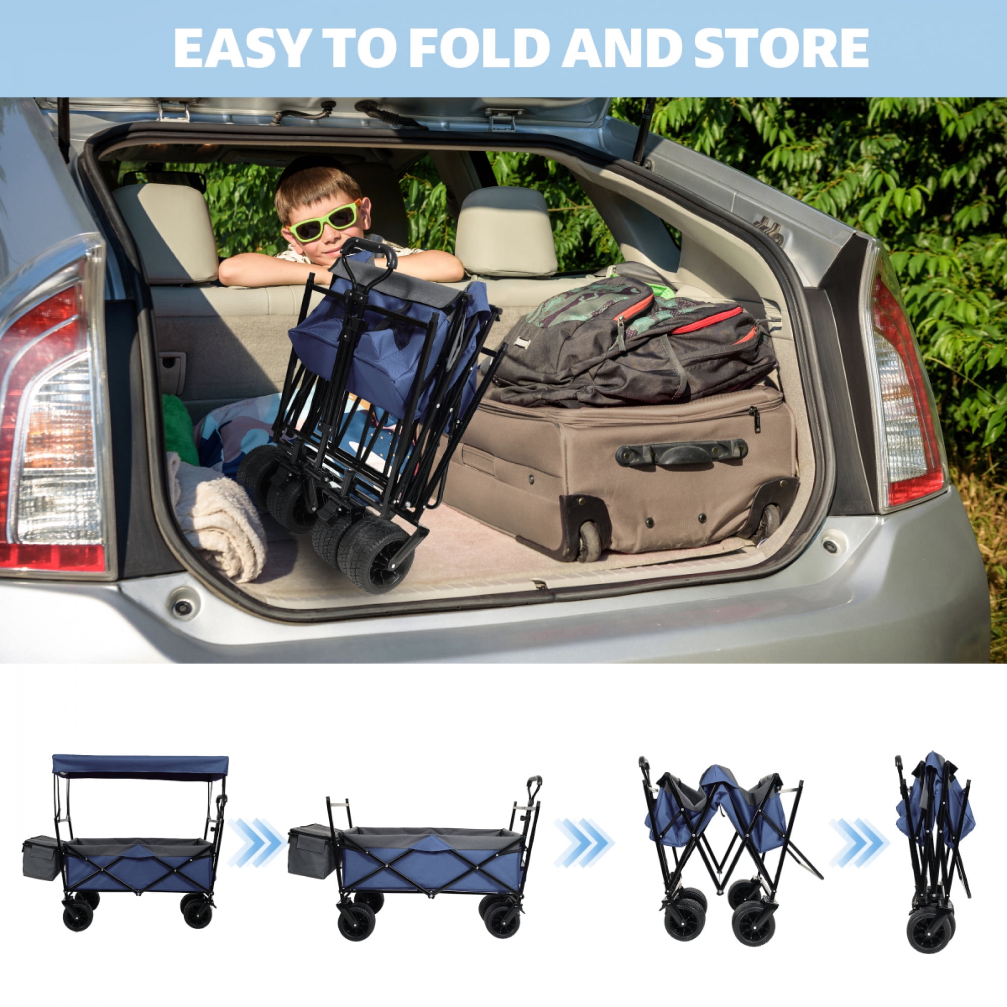 480Lbs Collapsible Wagon with Canopy, Wagon Stroller with 7" All-Terrain Wheels, Lightweight Foldable Large Capacity Wagon with Mosquito Net,Camping, Shopping, Sports & Garden Use,Dark Blue