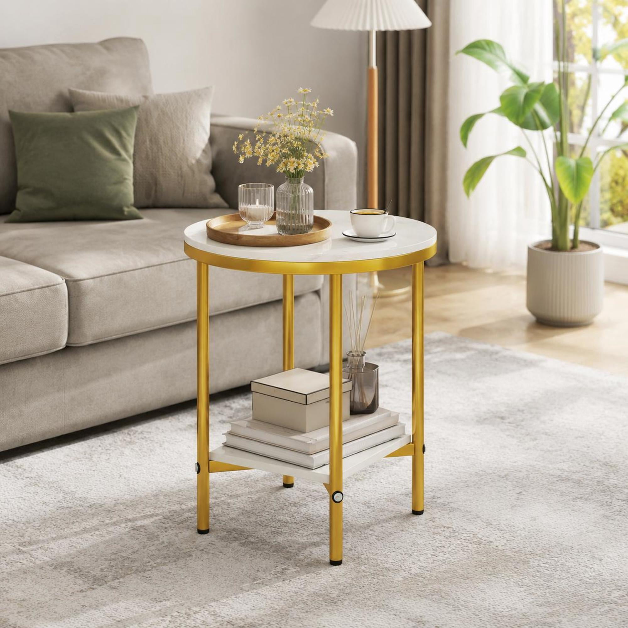 2-Tier Round Coffee Table with Storage Shelf Faux Marble Accent Center Table with Gold Metal Frame and Adjustable Feet for Living Room