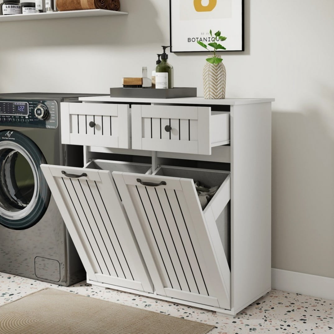 Laundry Cabinet with 2 Removable Baskets and 2 Drawers, Double Laundry Hamper with Sorting Compartments, Freestanding Storage Cabinet Organizer, White