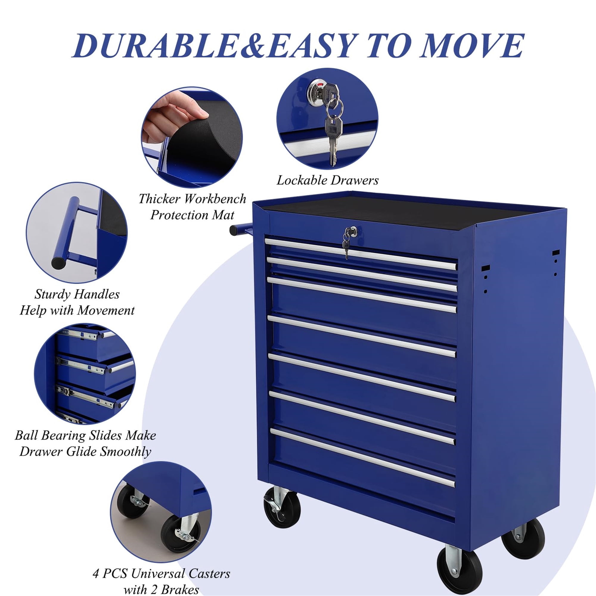 Aukfa Tool Chest, 24.5 in 7-Drawer Steel Rolling Tool Box on Wheels for Workshop Garage, Blue