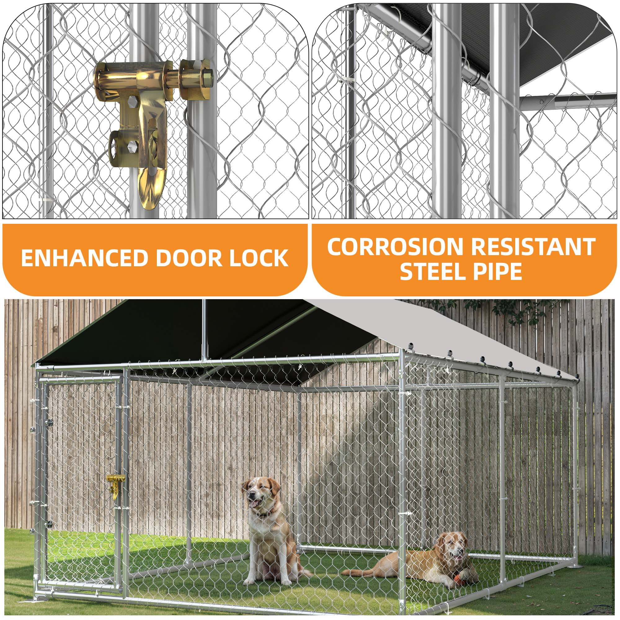 Dextrus 10'x10' Outdoor Dog Kennel with Metal Dog Gate, Outdoor Dog Enclosure with Roof, Heavy Duty Dog Kennel for Outdoor Backyard Farm