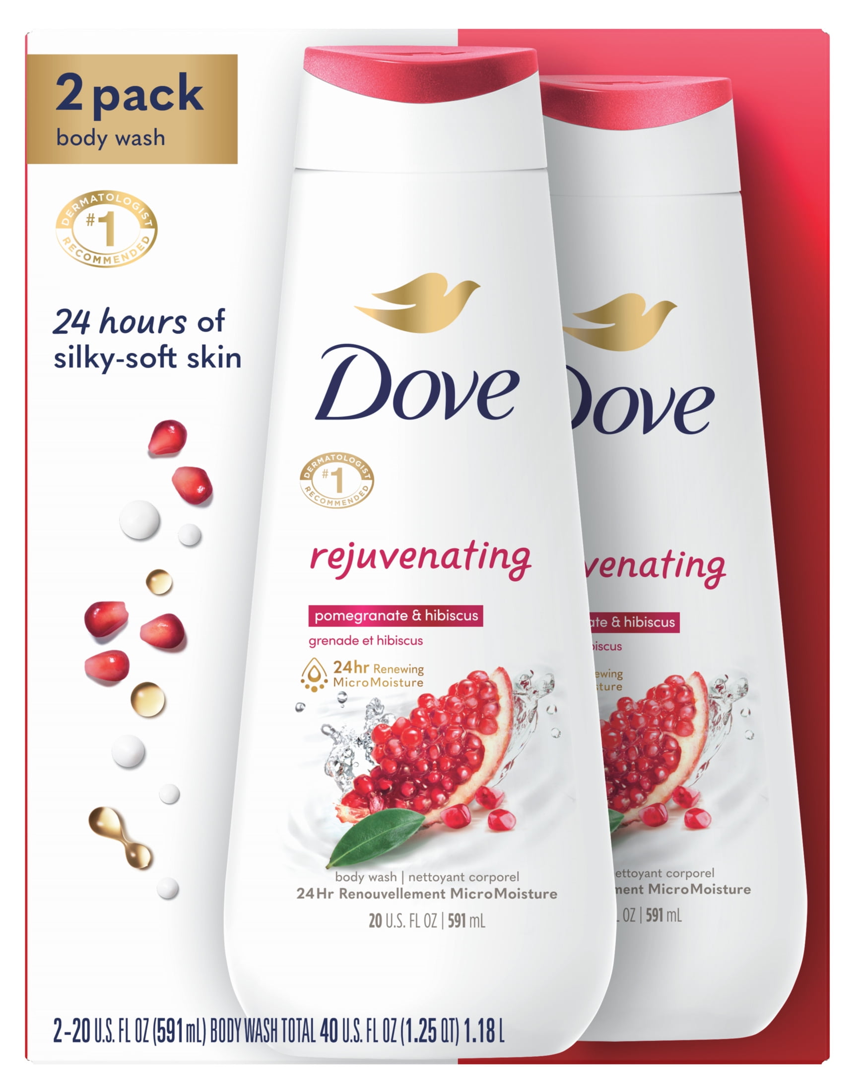 Dove Rejuvenating Liquid Body Wash Pomegranate and Hibiscus Tea, 20 oz, 2 Count