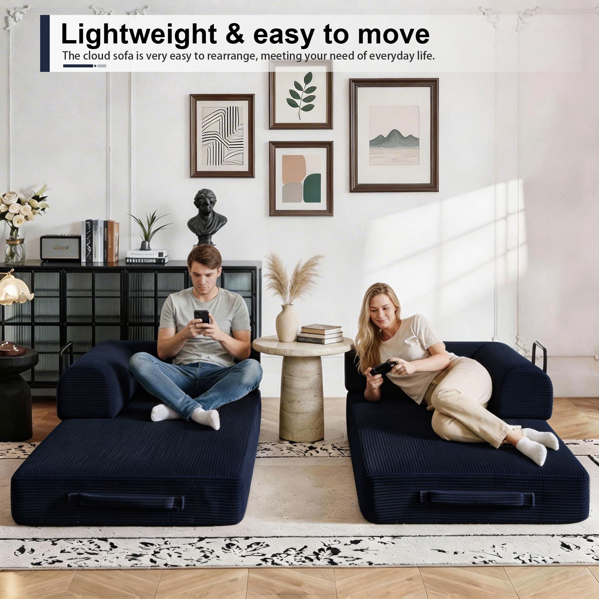 78" Convertible Sleeper Sofa Bed, Holaki Compression Folding Sofa with Pillow & 3 Seat, Corduroy Folding Sofa Couch with Fixed-Shape Frame, Floor Sofas Lounge Couch for Living Room Bedroom, Blue
