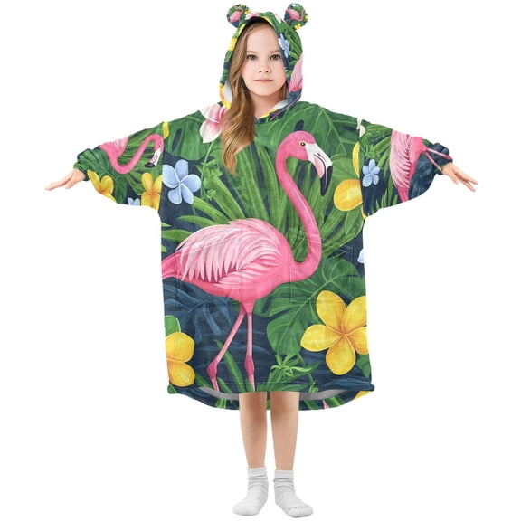 FORMRS Wearable Blanket Hoodie with Sleeves for Kids Cozy Flannel Sweatshirt, Pink Flamingo Pattern